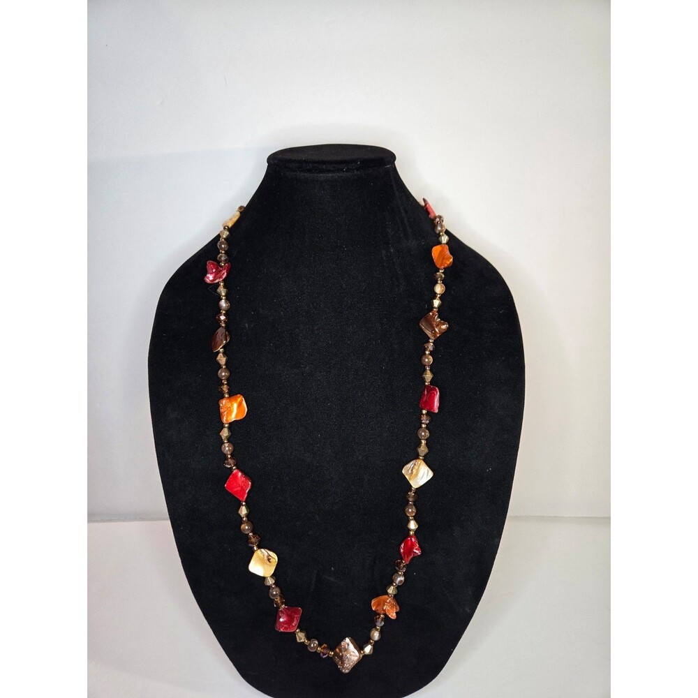 Beaded Necklace with Painted Shell Red Orange and Beige Silver Tone Adjustable